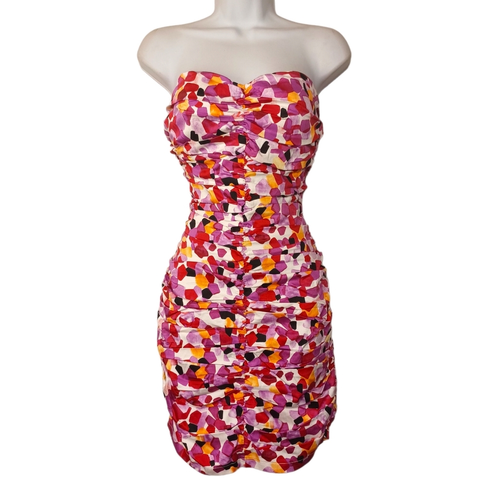 KATIA Pink Yellow Black Multi Print Strapless Ruching Bodycon Mini Dress L NWT